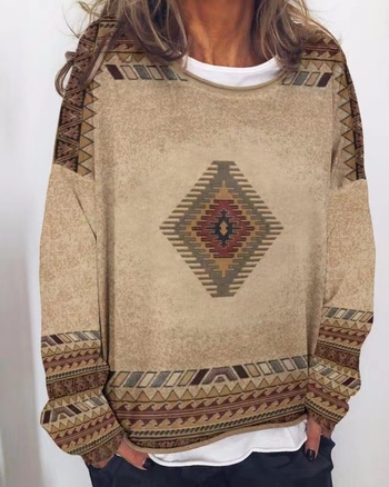 Pulover de damă cu guler rotund, mâneci lungi, imprimeu, stil retro literar