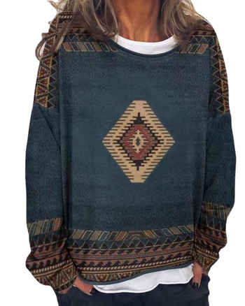 Pulover de damă cu guler rotund, mâneci lungi, imprimeu, stil retro literar