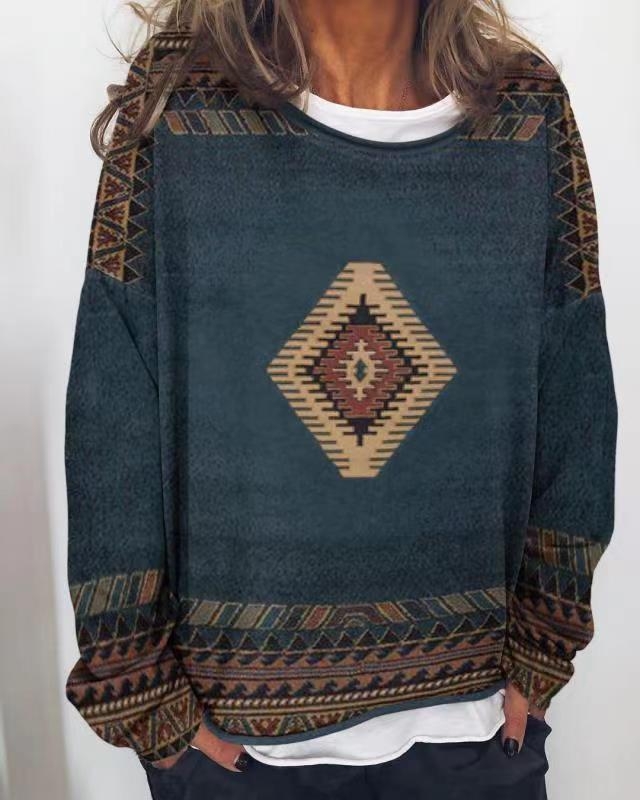 Pulover de damă cu guler rotund, mâneci lungi, imprimeu, stil retro literar