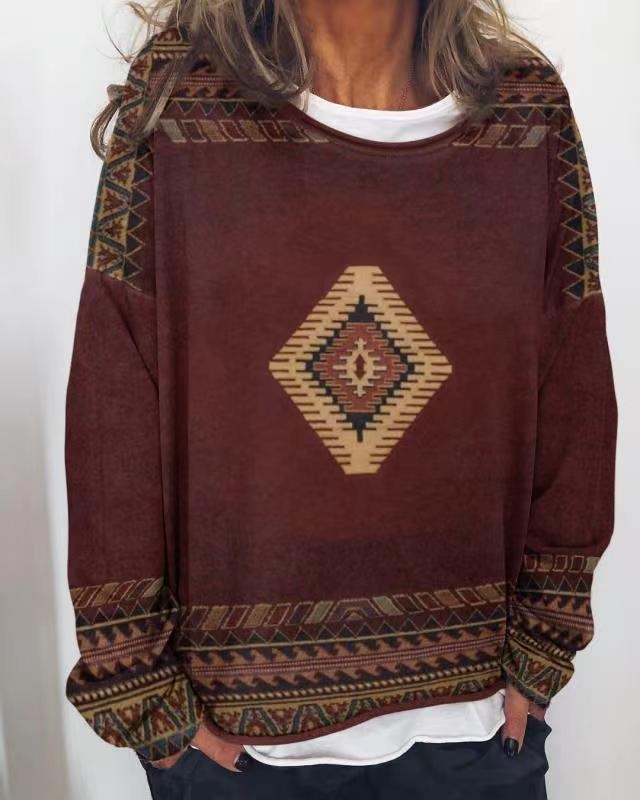 Pulover de damă cu guler rotund, mâneci lungi, imprimeu, stil retro literar