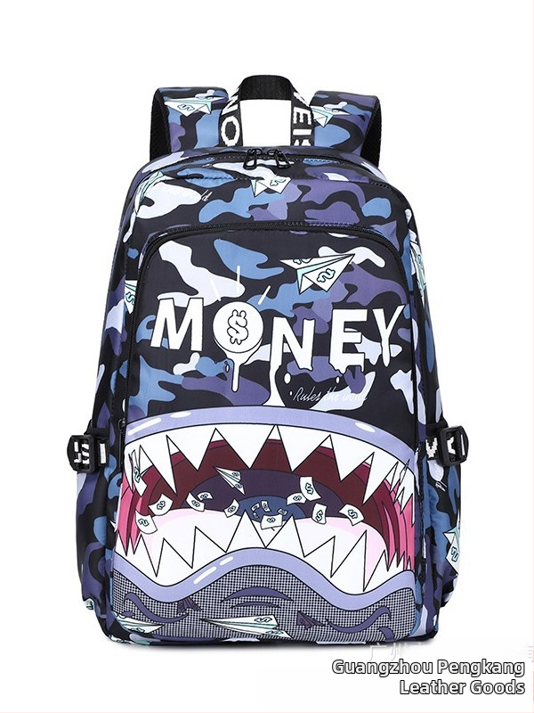 Unisex školska ranac s printsom ajkule — lagan, vodootporan, najlon, kapacitet ispod 20L, dvostruke naramenice, zatvaranje na rajsferšajl, unutarnji pretinci za telefon/ID/knjige