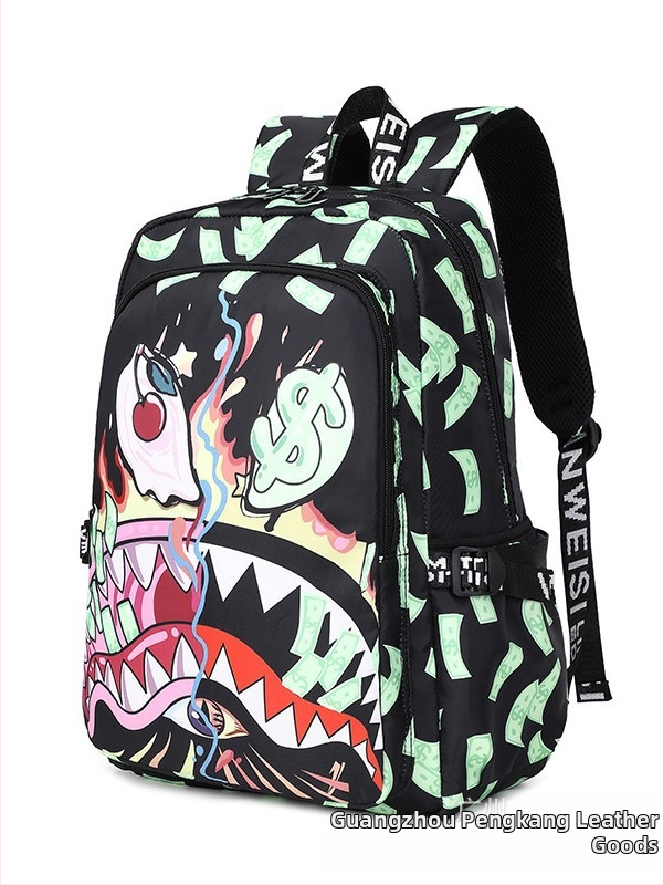 Unisex školský batoh s motívom žraloka — ľahký, nepremokavý nylon, kapacita pod 20 l, dvojité ramenné popruhy, zipsové zatvorenie, vnútorné priečinky pre telefón/ID/knihy