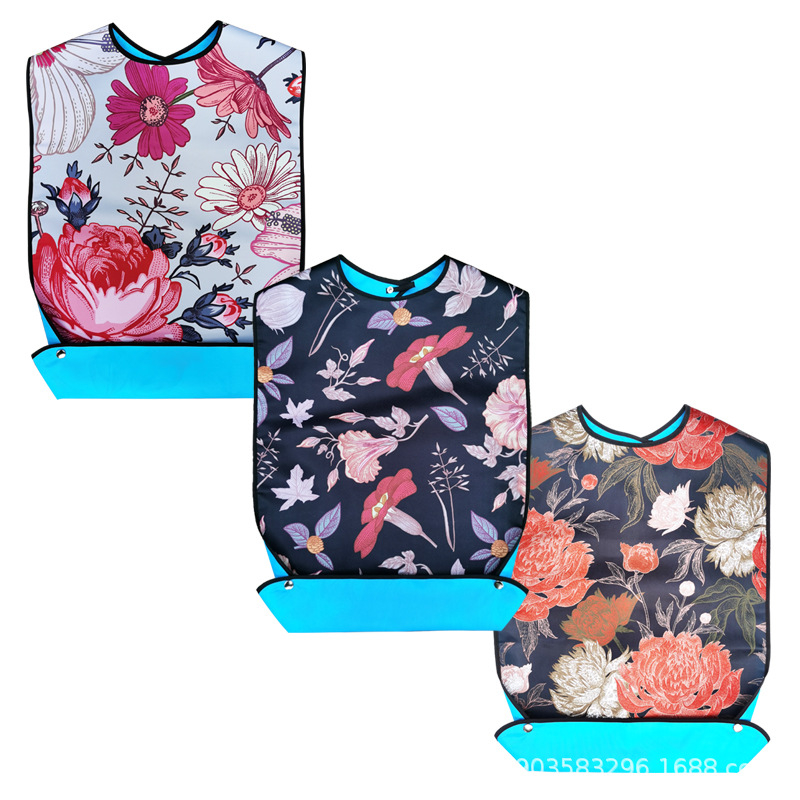 Детски двуслоен водоустойчив сатен-полиестерен лигавник за хранене, с шарки цветя и букви, готов за частна марка