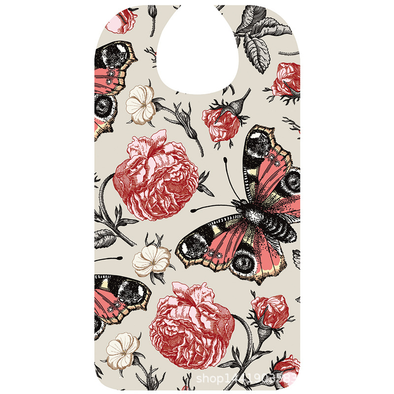 Детски двуслоен водоустойчив сатен-полиестерен лигавник за хранене, с шарки цветя и букви, готов за частна марка