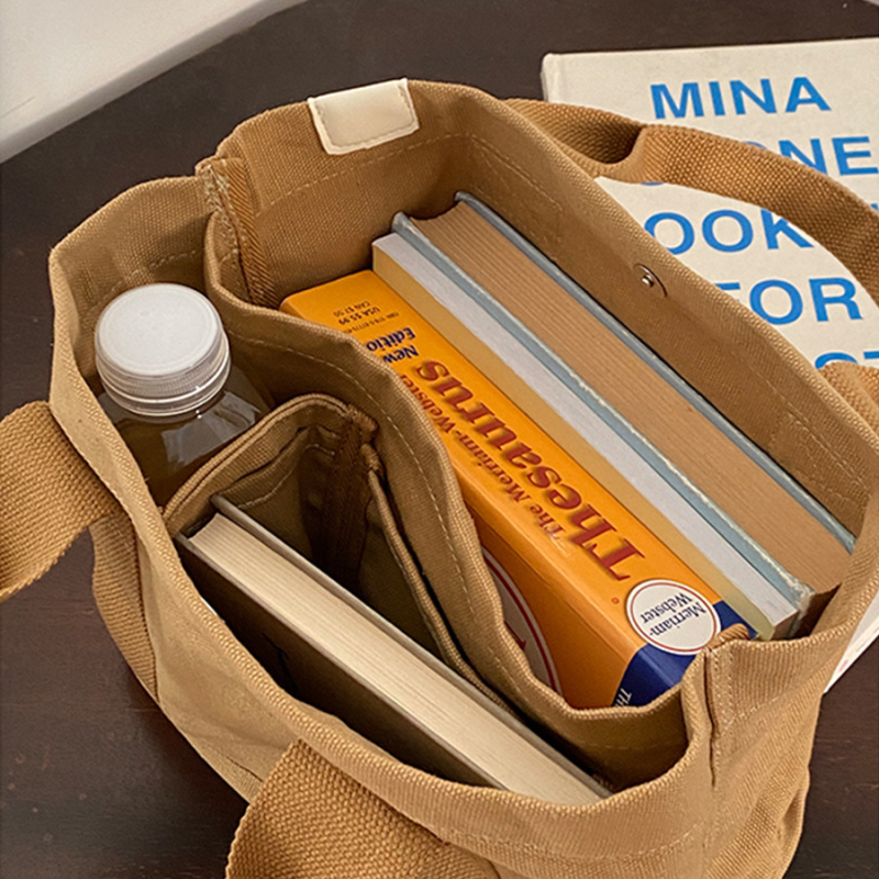 Vászon ebéd táska – városi egyszerű stílus, vízszintes négyzet formájú, nyitott felső rész, belső telefonzseb.