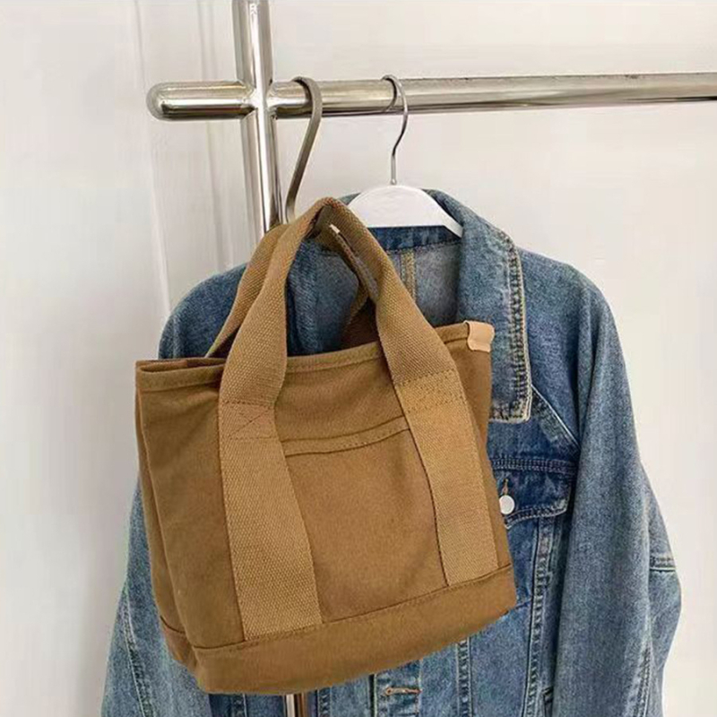 Vászon ebéd táska – városi egyszerű stílus, vízszintes négyzet formájú, nyitott felső rész, belső telefonzseb.