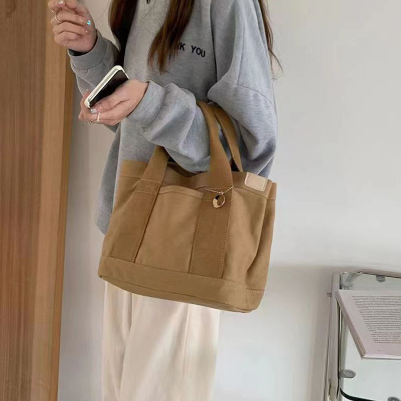 Vászon ebéd táska – városi egyszerű stílus, vízszintes négyzet formájú, nyitott felső rész, belső telefonzseb.