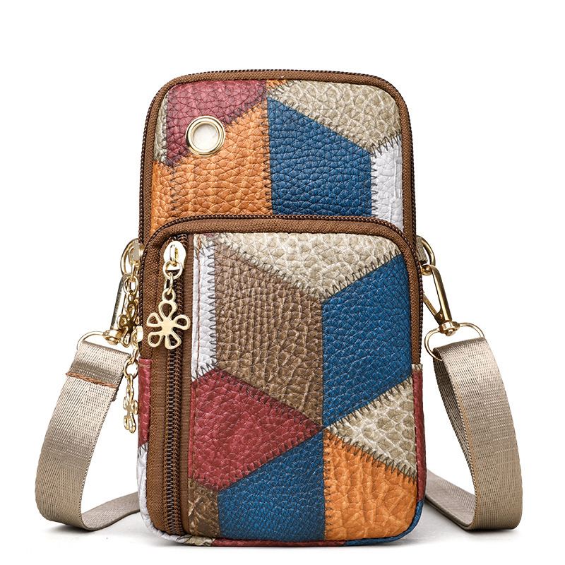 Crossbody telefon táska dupla cipzárral, PU anyagból, horizontálisan négyszögletes forma, belső telefonrekesz, egy vállpánt
