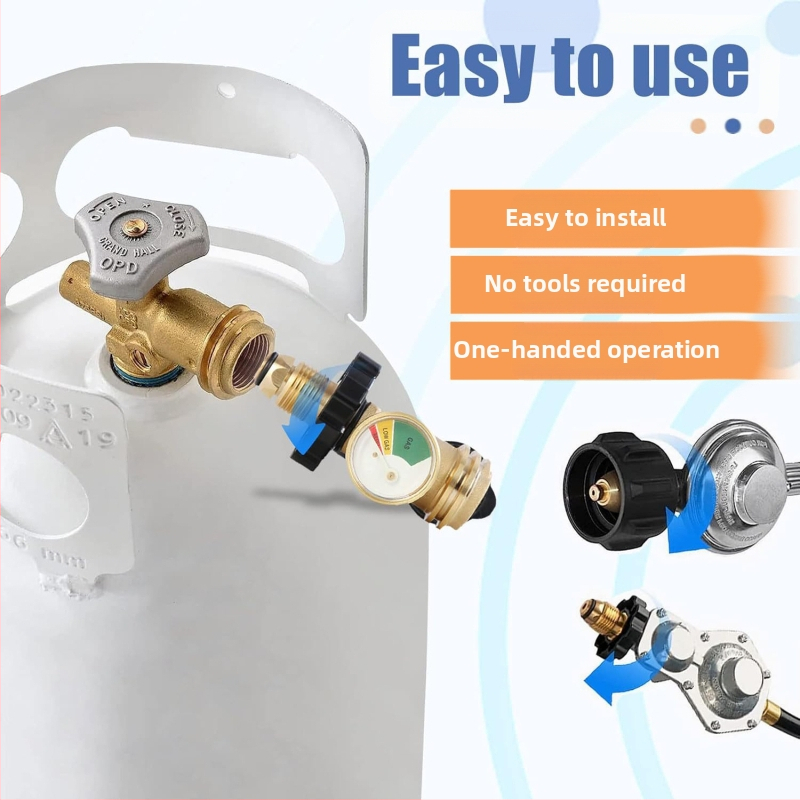 Plynový medený konektor s POL závitom a tlakomera — americký QCC adaptér, severoamerické rozhranie, SKU03037