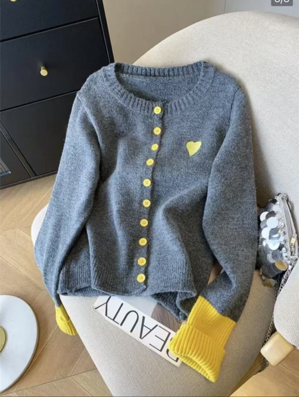 Cardigan tricotat pentru femei, din acrilic, guler rotund, mâneci lungi, închidere cu nasturi