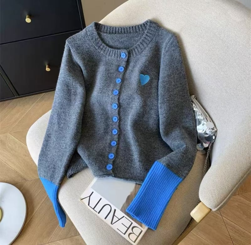 Cardigan tricotat pentru femei, din acrilic, guler rotund, mâneci lungi, închidere cu nasturi