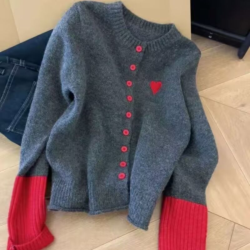 Cardigan tricotat pentru femei, din acrilic, guler rotund, mâneci lungi, închidere cu nasturi