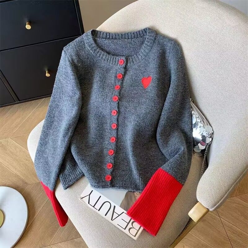 Cardigan tricotat pentru femei, din acrilic, guler rotund, mâneci lungi, închidere cu nasturi