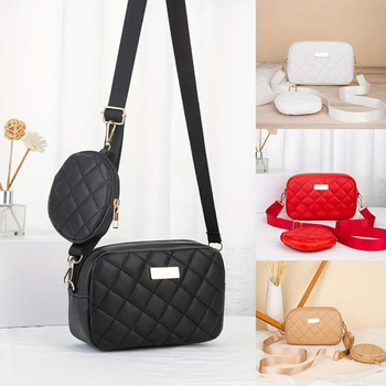 Ženski dvodijelni crossbody set — gradski minimalistički stil, PU koža, vodoravni kvadratni oblik, zatvarač, džep za mobitel