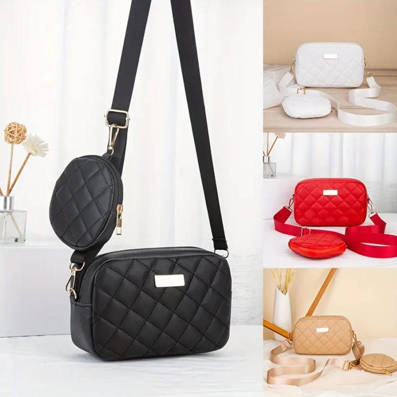 Ženski dvodijelni crossbody set — gradski minimalistički stil, PU koža, vodoravni kvadratni oblik, zatvarač, džep za mobitel