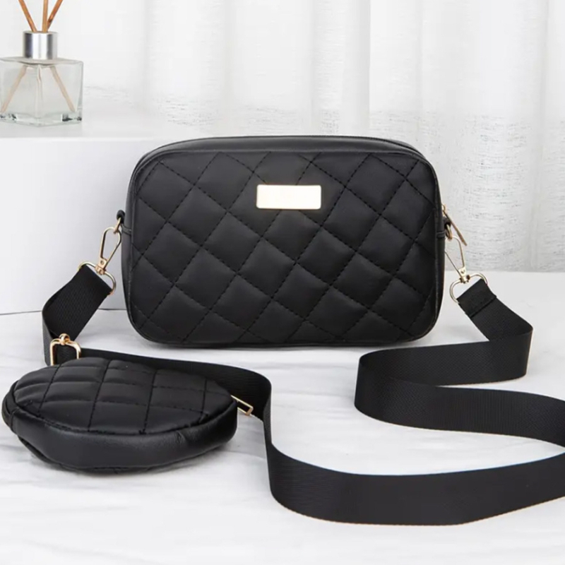Ženski dvodijelni crossbody set — gradski minimalistički stil, PU koža, vodoravni kvadratni oblik, zatvarač, džep za mobitel