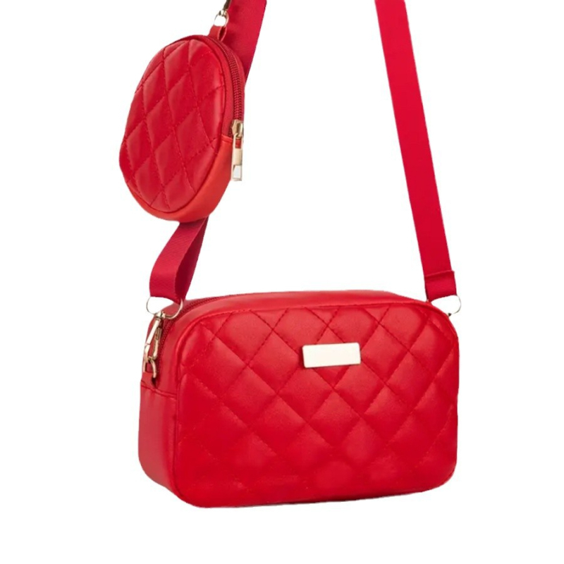 Ženski dvodijelni crossbody set — gradski minimalistički stil, PU koža, vodoravni kvadratni oblik, zatvarač, džep za mobitel