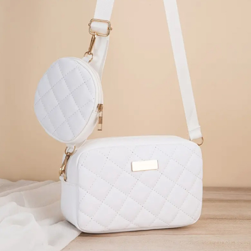 Ženski dvodijelni crossbody set — gradski minimalistički stil, PU koža, vodoravni kvadratni oblik, zatvarač, džep za mobitel