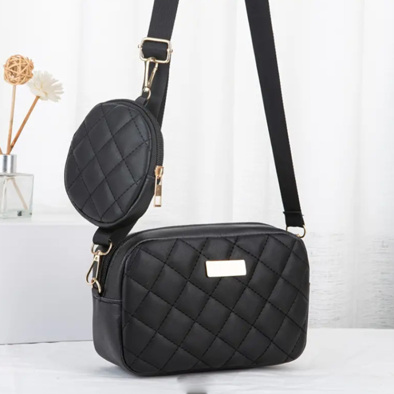 Ženski dvodijelni crossbody set — gradski minimalistički stil, PU koža, vodoravni kvadratni oblik, zatvarač, džep za mobitel