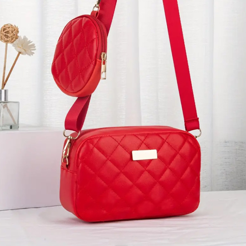 Ženski dvodijelni crossbody set — gradski minimalistički stil, PU koža, vodoravni kvadratni oblik, zatvarač, džep za mobitel
