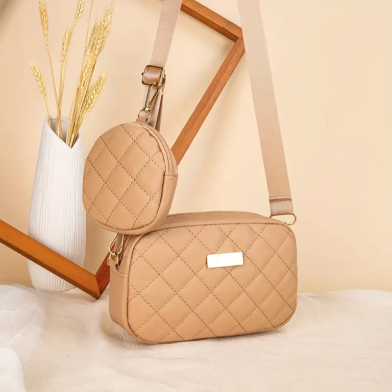 Ženski dvodijelni crossbody set — gradski minimalistički stil, PU koža, vodoravni kvadratni oblik, zatvarač, džep za mobitel