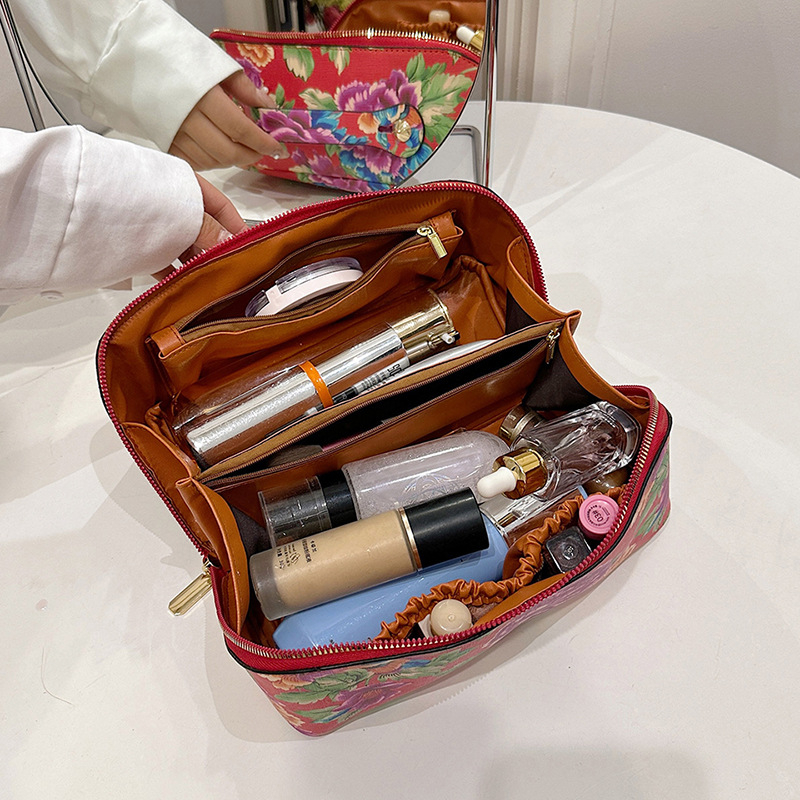 Kozmetikai és toalett táska, két rekesszel, kézi hordozás, PU bőr, virágos mintázat, városi minimalizmus, uniszex, utazási tároláshoz