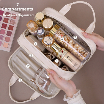 Чанта за гримове във френски стил, двупластова, голям капацитет, PU материал, водоустойчива, с разделени отделения, подходяща за пътуване