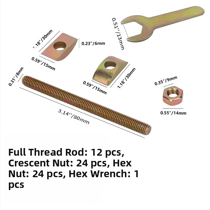 Ágy melletti összeszerelő készlet hex kulccsal, félholding alakú alátét, hex sapka és teljes menetes rúd – 4 az 1-ben (TD, NF E25-414-2004, Plain carbon steel, Class A)