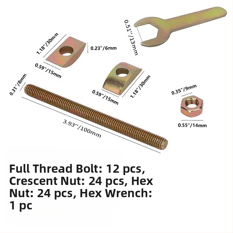 Ágy melletti összeszerelő készlet hex kulccsal, félholding alakú alátét, hex sapka és teljes menetes rúd – 4 az 1-ben (TD, NF E25-414-2004, Plain carbon steel, Class A)