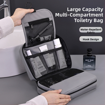 Kelioninė kosmetinė su kabinimo ir sulankstomu dizainu, vandeniui atsparus membraninis audinys, atskiros erdvės kosmetikai ir higienai