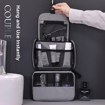 Kelioninė kosmetinė su kabinimo ir sulankstomu dizainu, vandeniui atsparus membraninis audinys, atskiros erdvės kosmetikai ir higienai