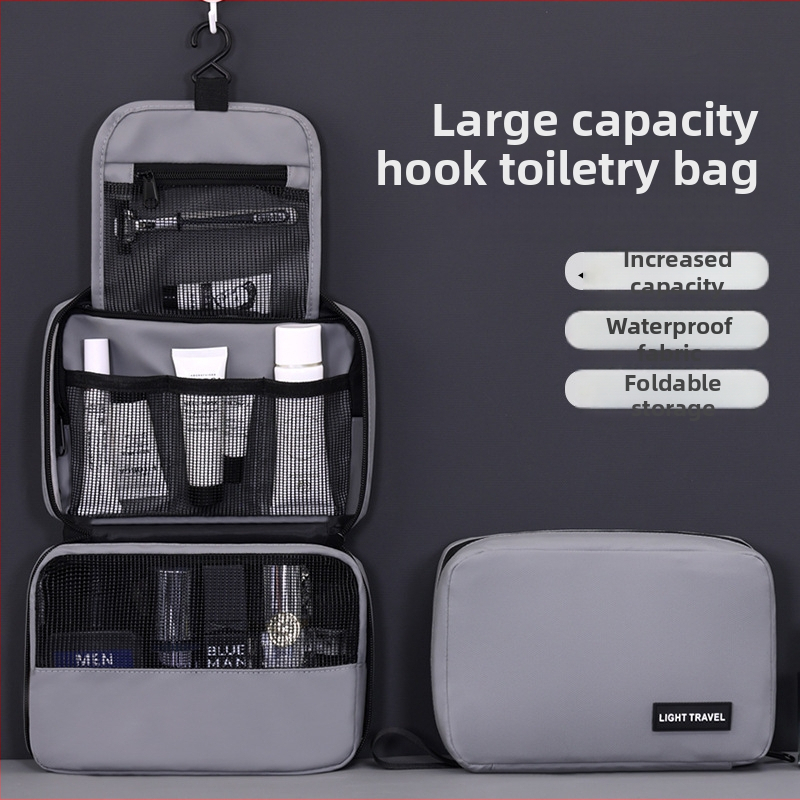 Ceļojumu kosmētikas soma ar pakaramā un saliekamu dizainu, ūdensizturīgs membrānas materiāls, atsevišķas nodalījumi kosmētikai un higiēnas precēm