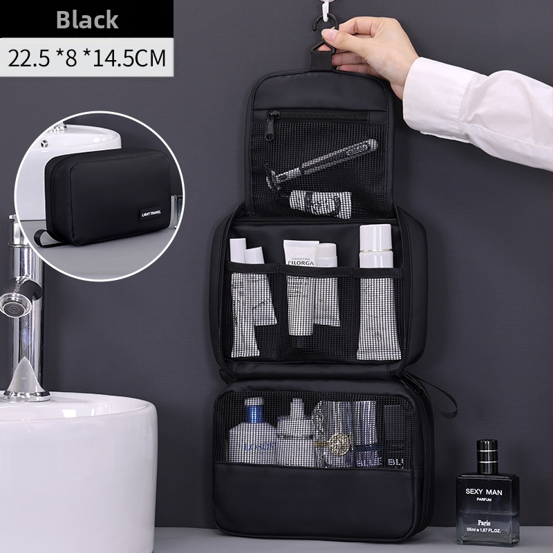 Kelioninė kosmetinė su kabinimo ir sulankstomu dizainu, vandeniui atsparus membraninis audinys, atskiros erdvės kosmetikai ir higienai