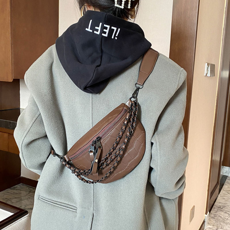 PU női deréktáska — Koreai stílusú crossbody válltáska széles pánttal, cipzáros záródás, belső cipzáras zseb, poliészter bélés