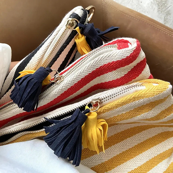 Dryžuota kosmetinė su kutais, medvilninė, kubo forma, didelė talpa, kelionėms, korėjietiško minimalistinio stiliaus