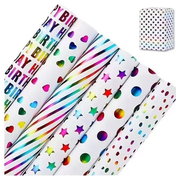Role de hârtie de ambalare cadouri cu ștanțare la cald pe hârtie lucioasă, pentru zile de naștere — greutate 200, rezistență la rupere 80, grosime 1, opacitate 100