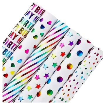 Role de hârtie de ambalare cadouri cu ștanțare la cald pe hârtie lucioasă, pentru zile de naștere — greutate 200, rezistență la rupere 80, grosime 1, opacitate 100