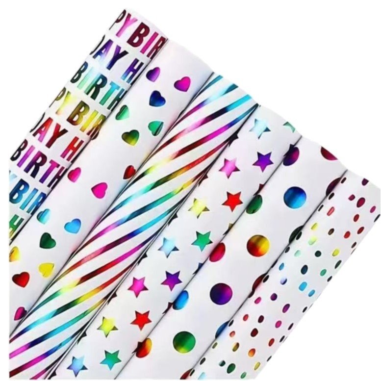 Role de hârtie de ambalare cadouri cu ștanțare la cald pe hârtie lucioasă, pentru zile de naștere — greutate 200, rezistență la rupere 80, grosime 1, opacitate 100