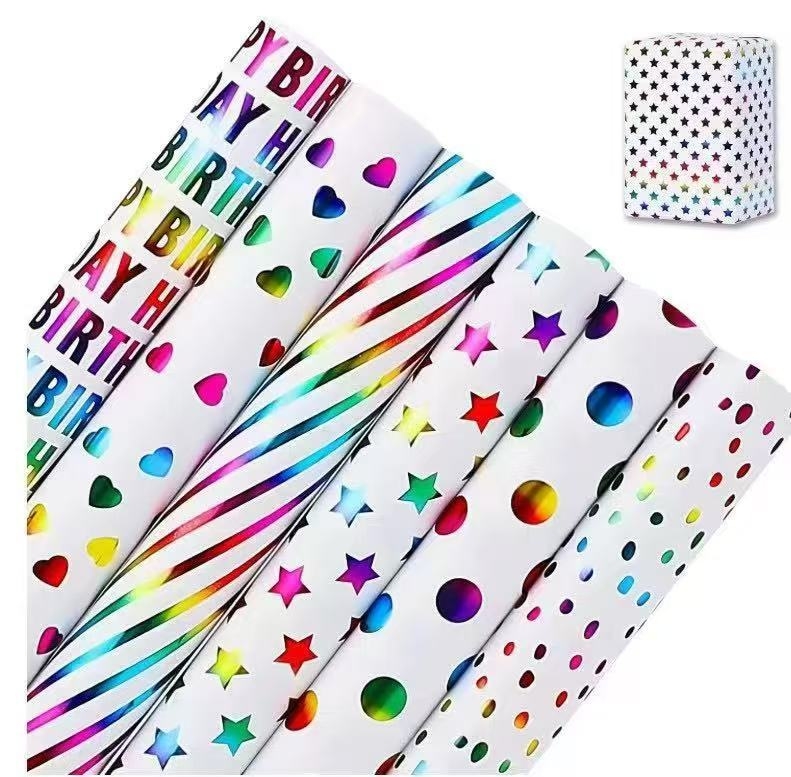 Role de hârtie de ambalare cadouri cu ștanțare la cald pe hârtie lucioasă, pentru zile de naștere — greutate 200, rezistență la rupere 80, grosime 1, opacitate 100