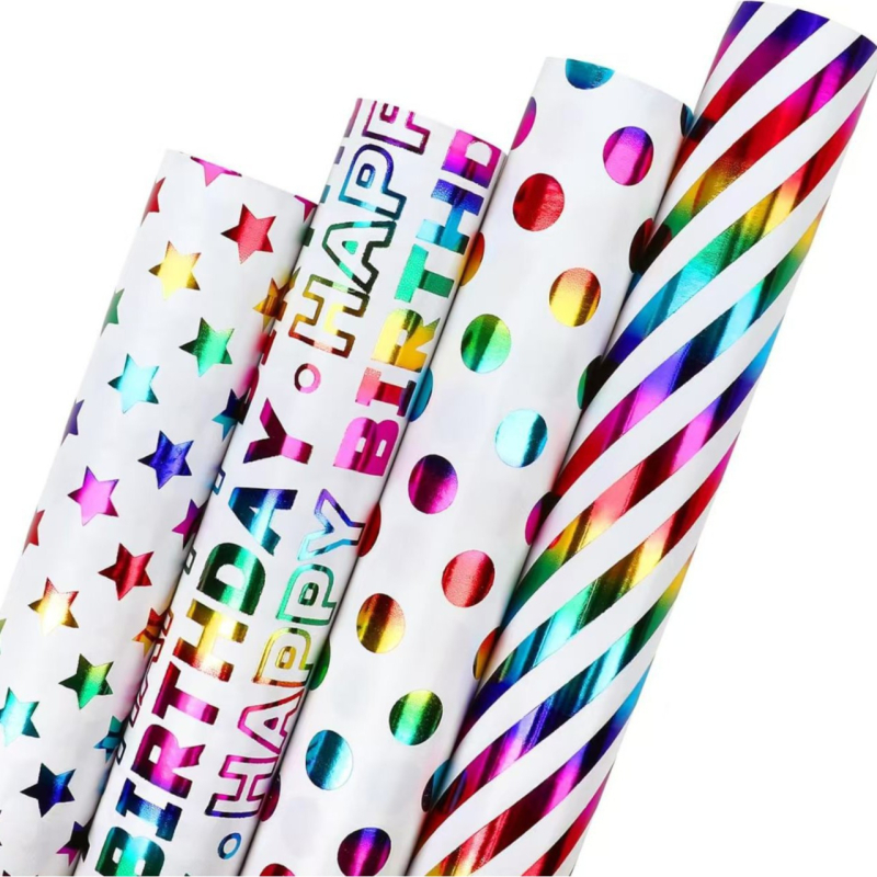 Role de hârtie de ambalare cadouri cu ștanțare la cald pe hârtie lucioasă, pentru zile de naștere — greutate 200, rezistență la rupere 80, grosime 1, opacitate 100