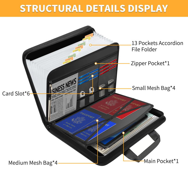 Аккордеонна папка за документи с 13 отделения, огнеупорна и водоустойчива, разширяваща се, от Fiberglass