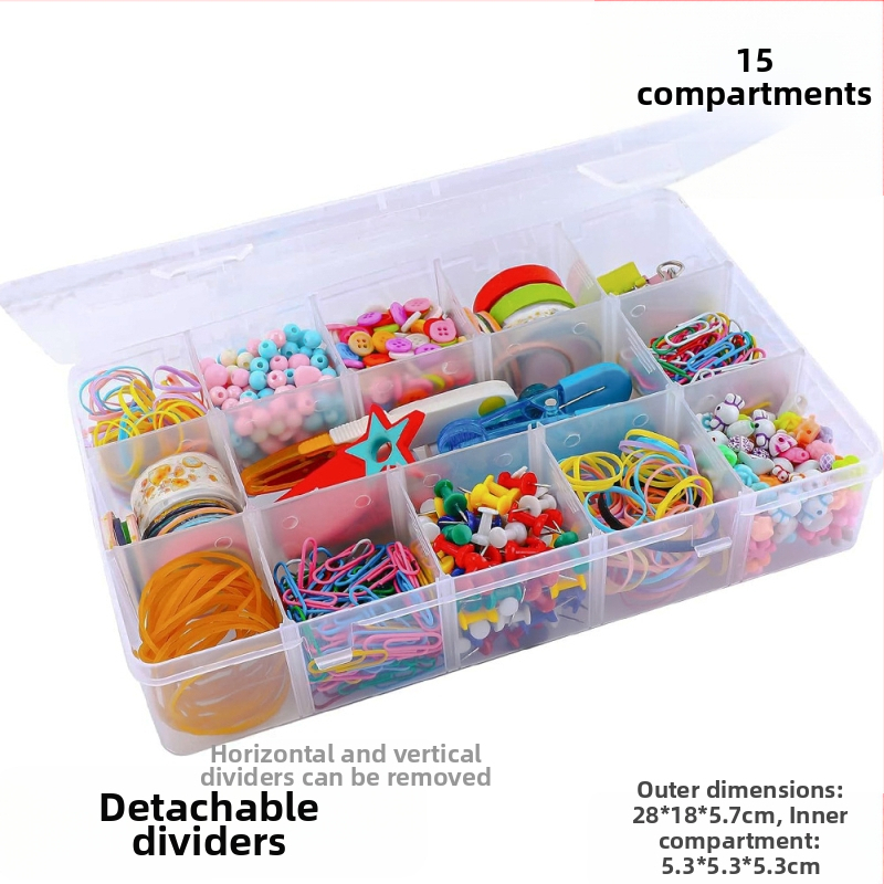 Stačiakampė skaidri PP plastikinė dėžutė su 15 skyriais papuošalams ir detalėms, su dangteliu