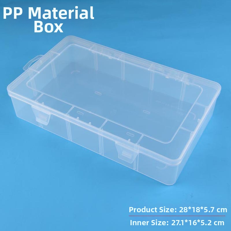 Stačiakampė skaidri PP plastikinė dėžutė su 15 skyriais papuošalams ir detalėms, su dangteliu