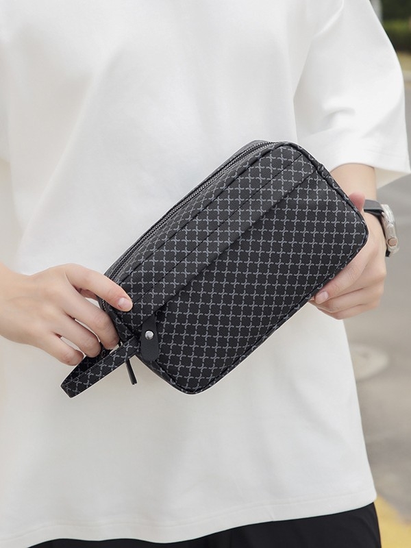 Pánska PU kožená clutch taška, mestský minimalistický štýl, odolná voči opotrebeniu, kockatý vzor, polyesterová podšívka