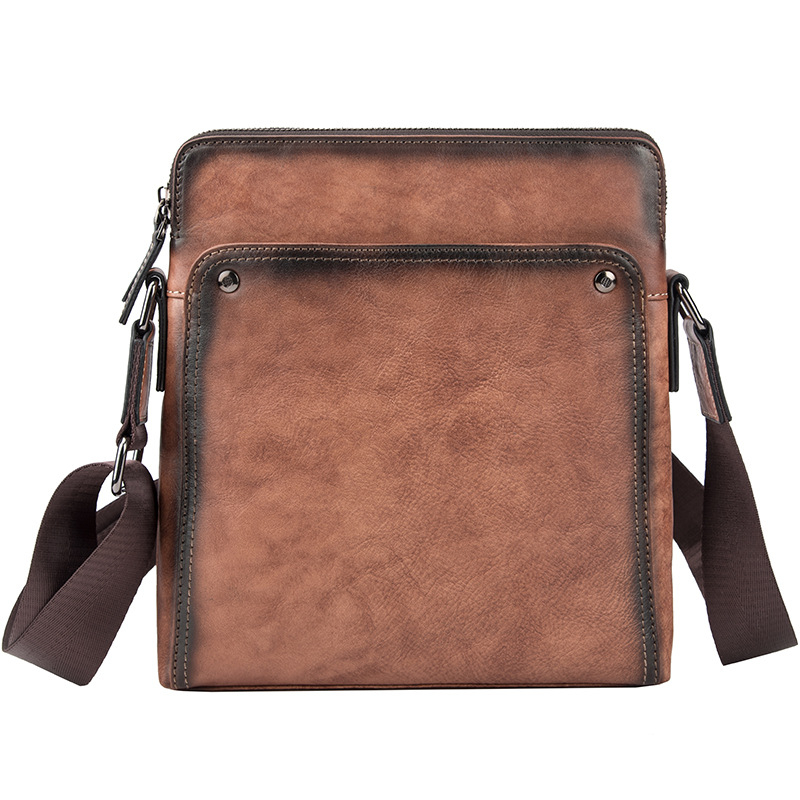 Vyriška pečių rankinė iš tikros odos, retro stilius, vertikalus kvadrato formos, užtrauktukas