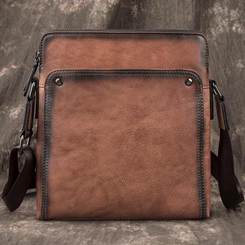 Vyriška pečių rankinė iš tikros odos, retro stilius, vertikalus kvadrato formos, užtrauktukas