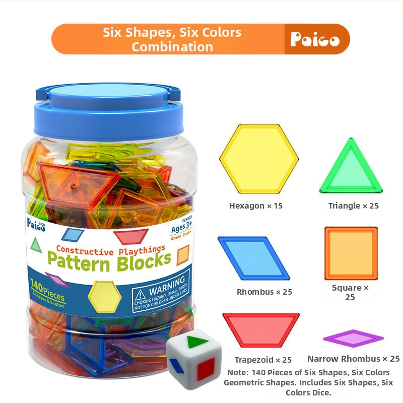 Montessori sešu formu blokas konservētā iepakojumā, 140 gab., + kauliņš, agrīnas izglītības rotaļlieta bērniem 3–6 gadu vecumam