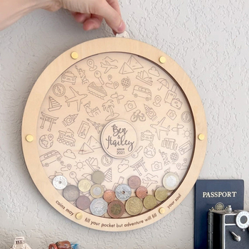 Cutie personalizată pentru depozitarea monedelor, pentru călători – lemn Basswood, pandantiv artizanal, pentru uz casnic și birou