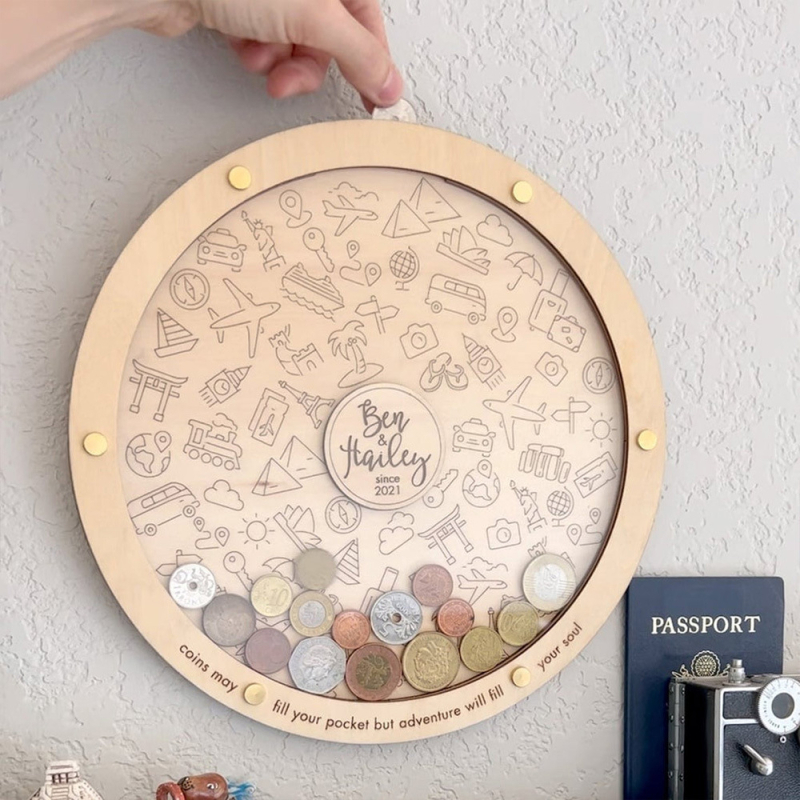 Cutie personalizată pentru depozitarea monedelor, pentru călători – lemn Basswood, pandantiv artizanal, pentru uz casnic și birou