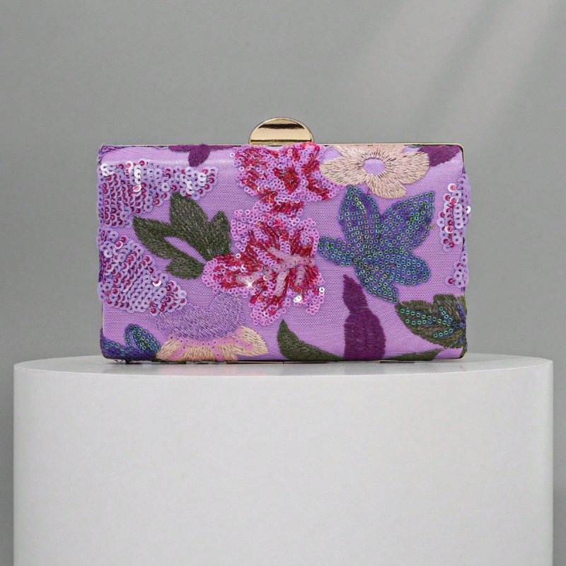 Geantă de seară cu appliqué brodat manual și paiete în stil chinezesc (Poliester; textură țesătură: nylon; căptușeală: nylon; formă pătrată orizontală; embosare)